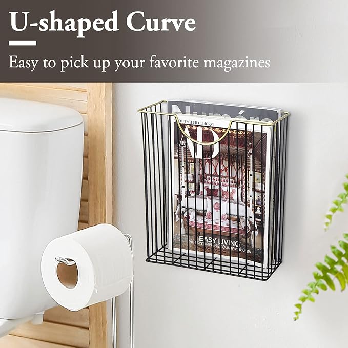 MyGift Art Deco Style Matte Black Metal Wire Magazine Rack with Brass Tone Rim - Wall Mounted Holder Storage Basket for Mail - Handcrafted in India