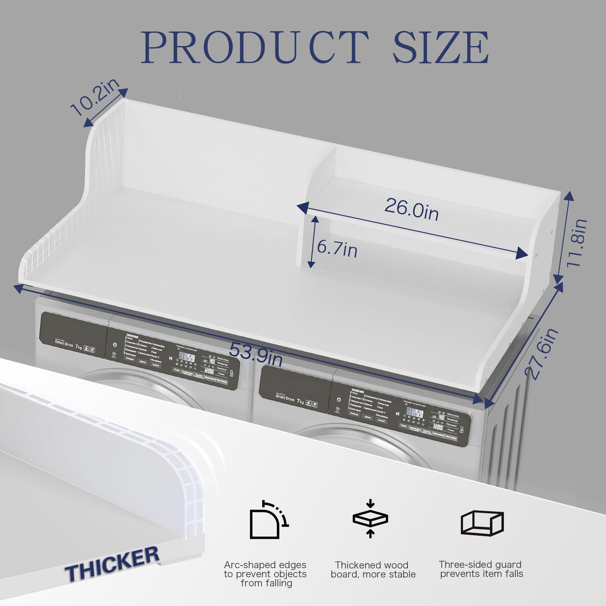 DTK Washer Dryer Wood Countertop with Shelf, Laundry Topper with Non-Slip Mat,27.55" Depth x 54" Width Dryer Covers for The Top with Edge Rails (White)
