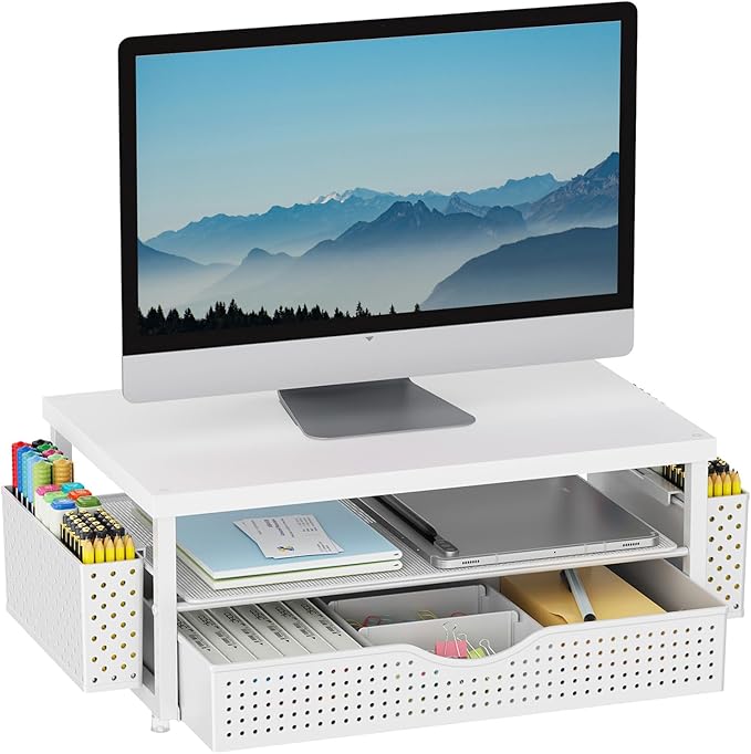 gianotter Wood Monitor Stand Riser, Office Desk Shelf Organizer, Desk Organizer with Drawer and Pen Holder, 2-Tier Computer Stand, Office Organization (Matte White)
