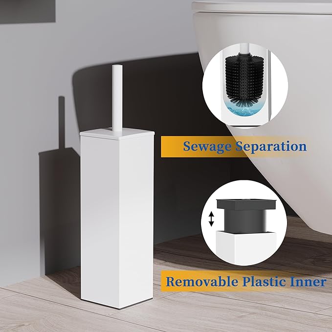 RUACQ Toilet Brush and Holder Set,Square Toilet Bowl Brush for Bathroom with 304 Stainless Steel Handle Toilet Cleaner Brush with Durable Scrubbing Bristles,Splash-Proof (White)