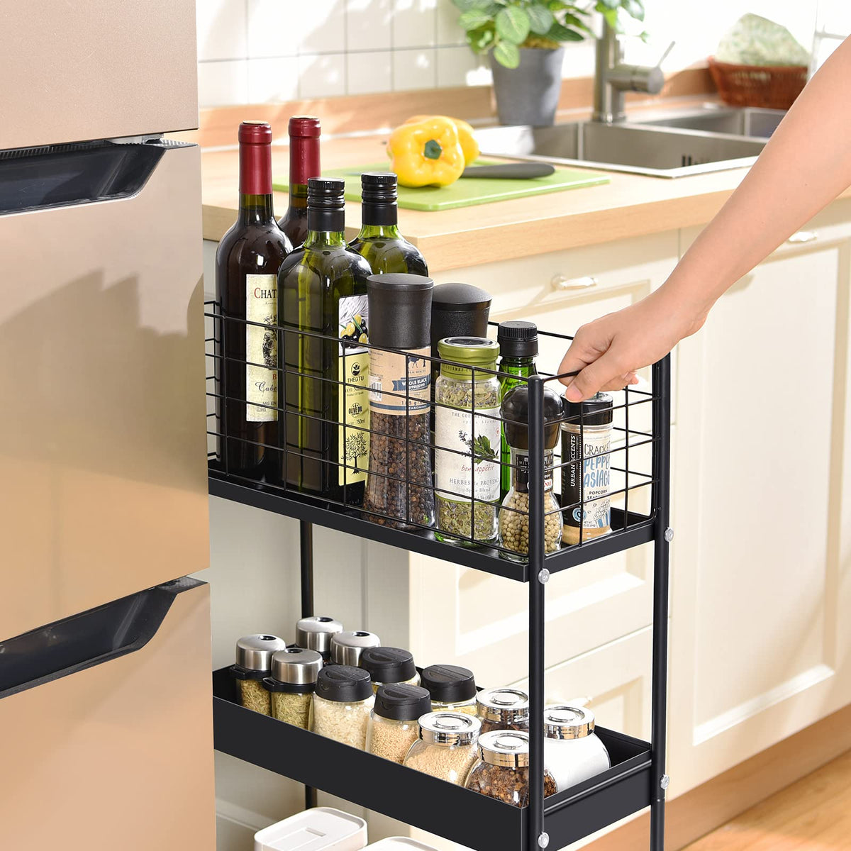 KINGRACK 3-Tier Metal Rolling Cart, Slim Storage Cart, Mobile Shelving Unit Trolley with Wheels, Bathroom Tier,Bathroom Organizer Utility for Laundry Room, Office, Narrow Place, Black