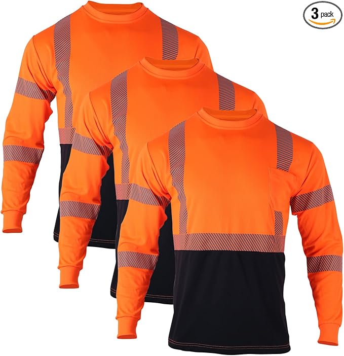 VENDACE 3 Pcs Safety T Shirts Reflective High Visibility Hi Vis Long Sleeve Construction Work Shirts for Men (Orange,XL)