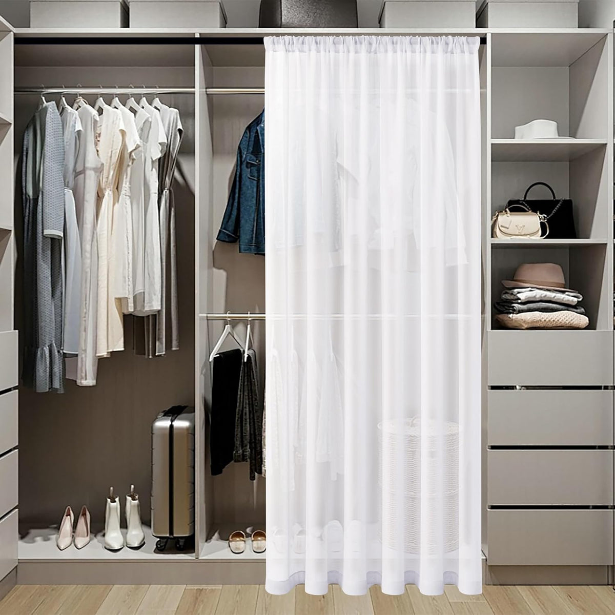 Tollpiz Short Sheer Door Curtain Closet Linen Textured Curtain Sheers Doorway Light Filtering Voile Patio Glass Door Rod Pocket Curtains French Door, 54 x 54 inches Long, White, Set of 1 Panel