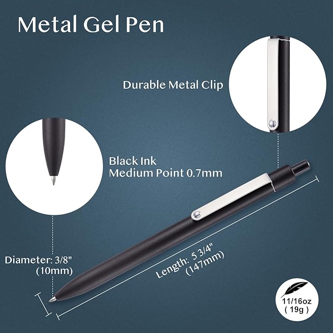 LINFANC 5 Pcs Black Gel Pens Ballpoint, Metal Barrel Medium Point 0.7 mm Quick Dry Black Ink Pens for Journaling, Smooth Writing Gel Pen, Cute School Supplies Office Supplies Gifts for Women