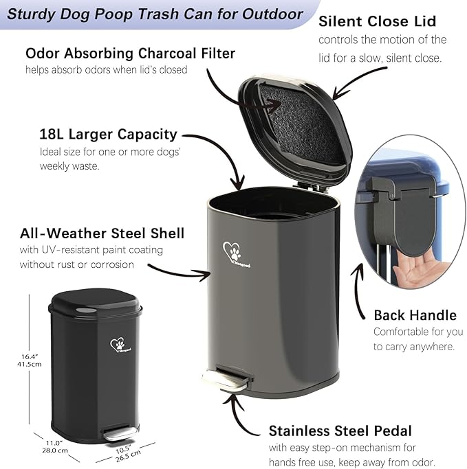 Dog Poop Trash Can Outside, Waste Bin with Lid and Removable Inner,Metal Rake Pooper Scoope,Odor Control for Indoor/Outdoor (Trash Can for Outdoors)
