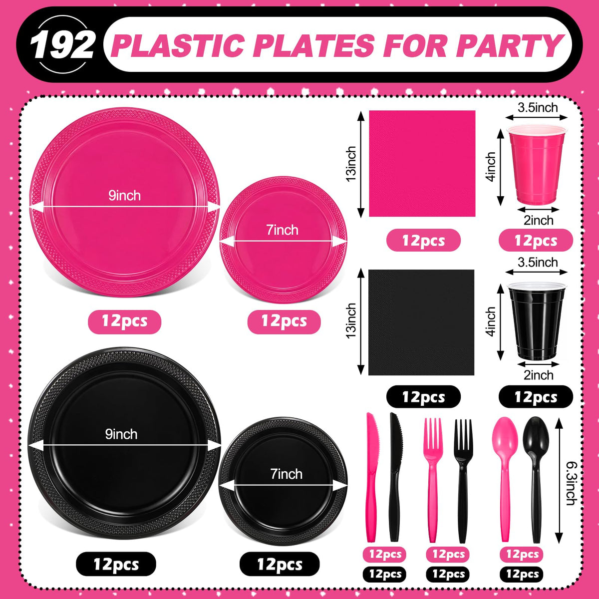 Uiifan 194 Pcs Plastic Plates Party Set Disposable Tableware Set for 24 Guests with Plastic Plates Spoons Forks Knives Cups tablecloth Napkins for Graduation Birthday Wedding Party(Hot Pink,Black)