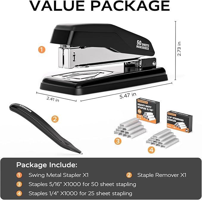 Desktop Stapler, Swing-Arm Swivel Stapler, 50 Sheet Capacity, 2000 Staples and Staple Remover, Rotatable Heavy Duty Staplers for Office, Home, Classroom, Booklet, Book Binding,Black