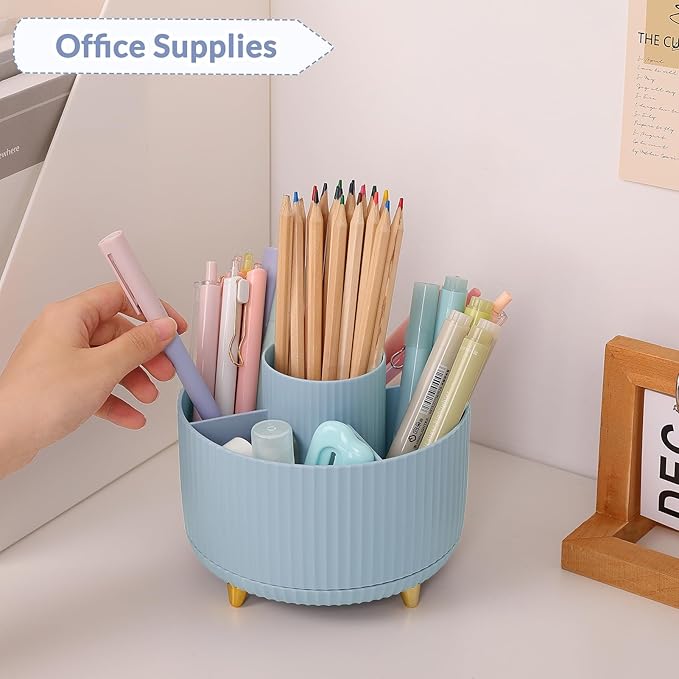 SKYDUE 360 Degree Rotating Desk Organizer, Dual-Purpose Pencil Pen Holder, Rotating Desk Pen Organizer with 5 Slots, Pencil Cup for Office, School, Home (Airy Blue)