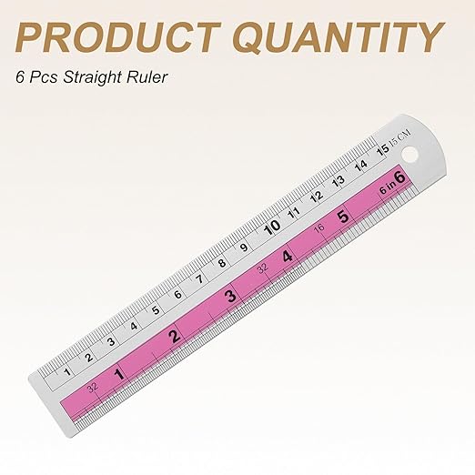 HARFINGTON 6pcs Metal Straight Ruler 15cm Metric SAE Aluminum Alloy Measuring Rulers Scale Tools with Hole for Measure Study Reading Classroom Office, Pink