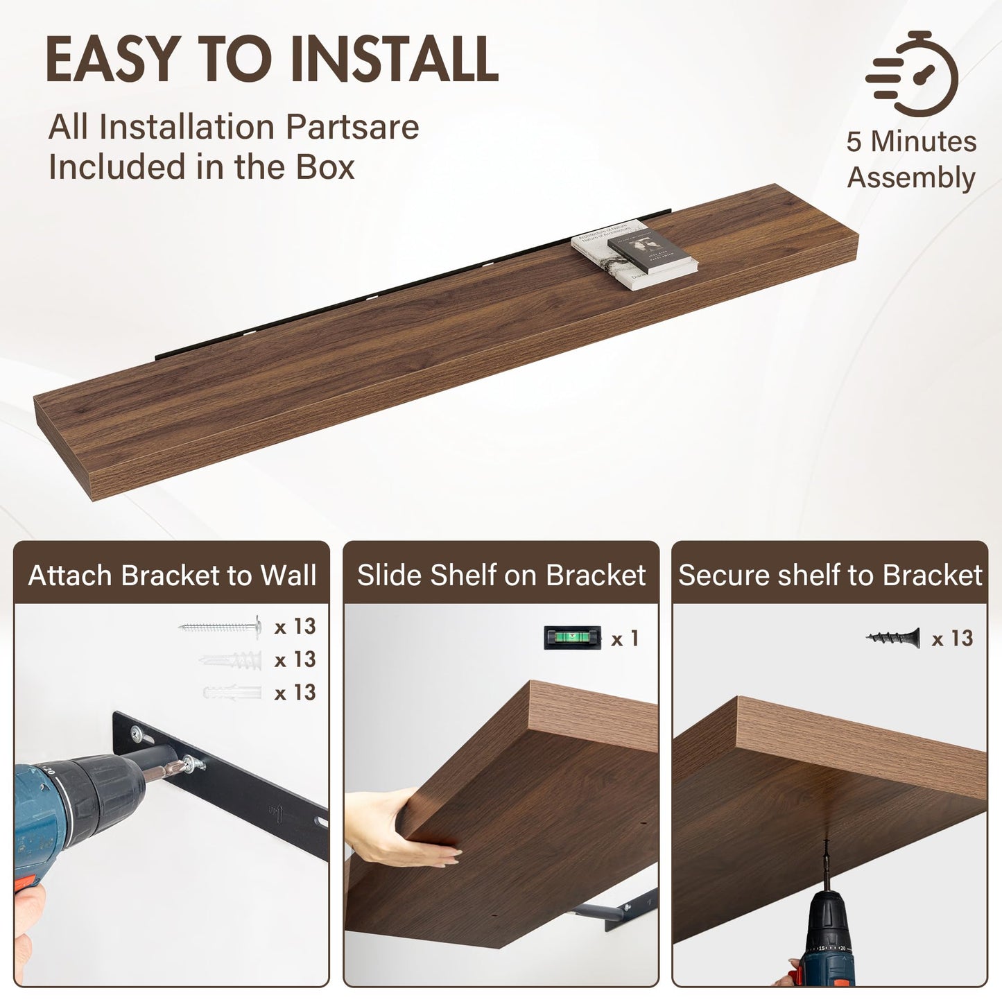 Acovy 72 Inch Floating Shelves, 12" Deep Floating Shelf Wall Mounted, 72" Wall Shelves, Rustic Deep Bookshelf, Extra Deeper & Thicker Display Shelves for Bedroom, Living Room, Walnut, Set of 1