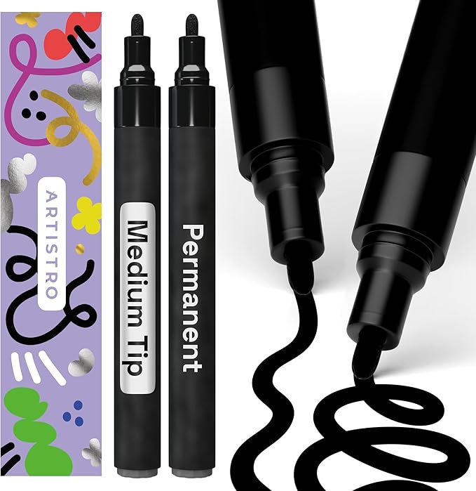 ARTISTRO 2 Black Permanent Marker - Waterproof Markers for Tire, Fabric, Rocks, Glass, Ceramic, Wood, Paper - Oil Based Paint Pens - Medium Tip 3mm