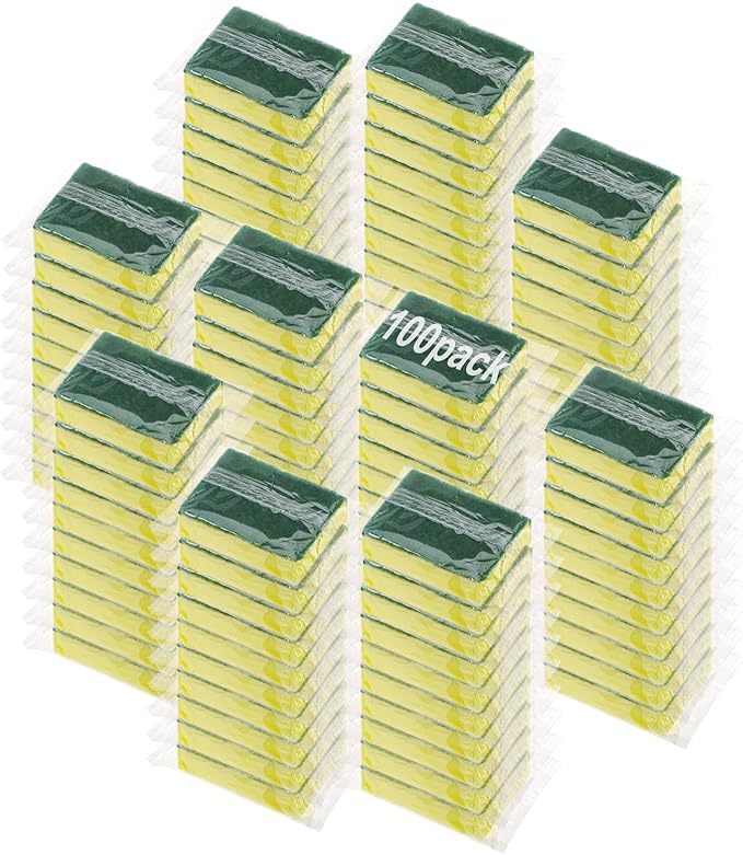 100 Pcs Individually Wrapped Sponges, Uncompressed Non Scratch Scrouing Sponges for Household Cleaning Dishes Kitchen Airbnb Apartment Car Bike Green