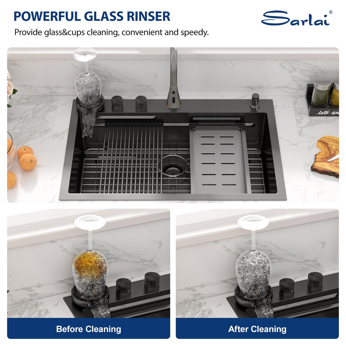 Sarlai Waterfall Kitchen Sink 30 Inch Black Drop In Kitchen Sink Topmount 16 Gauge Stainless Steel 30x22 Inch Single Bowl Multifuction Workstation Top Mount Sinks with Double Knob