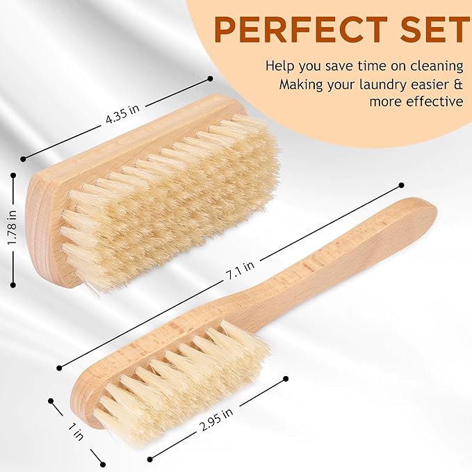 Boar Bristle Laundry Stain Brush Set by TAKAVU, Stiff Pure Boar Bristle for Scrubbing Out Tough Stains on Delicate Fabrics Knits Cotton Leather Washable Fabrics