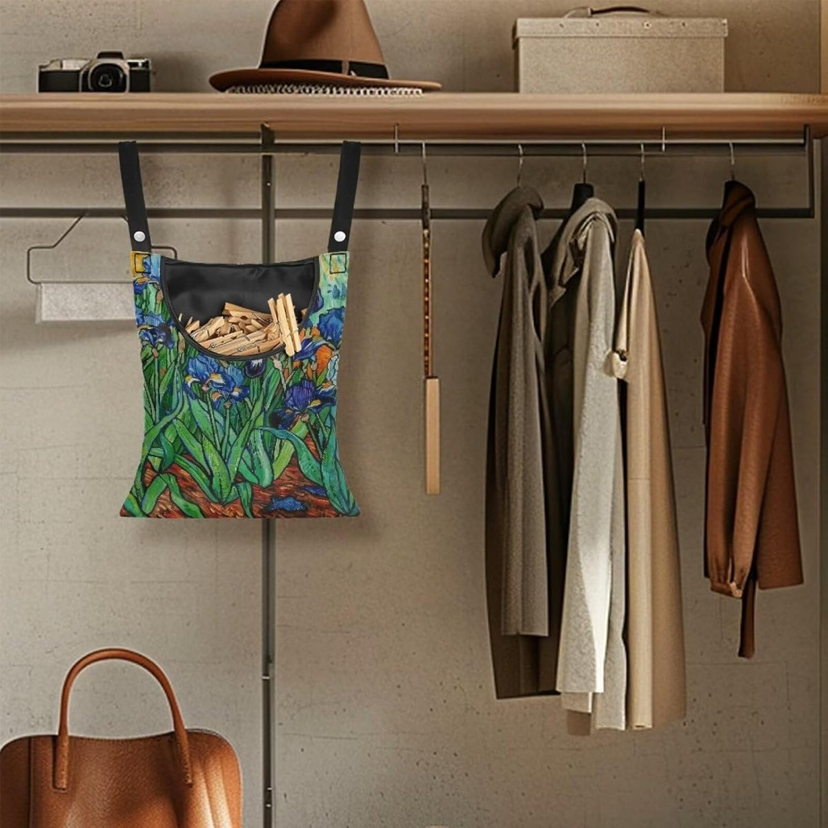 Floral Print Clothespin Organizer Bag Fashion Clothespin Storage Organizer with Large Opening Rotatable Clothespin Storage Bag Laundry Clothespin Bags, Clothespin Storage Hanger Bag