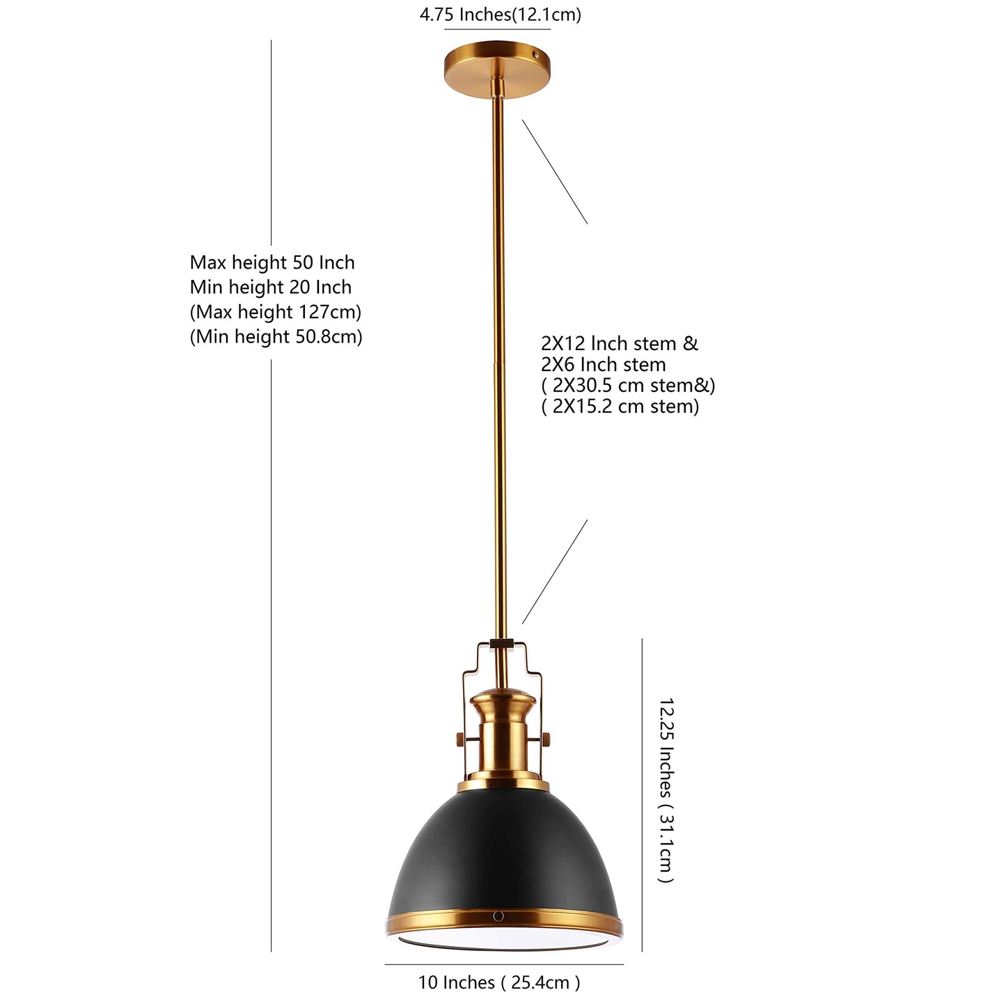 JONATHAN Y 10" Black/Brass Gold Modern Industrial Iron LED Dome Pendant Light, Adjustable Hanging Fixture for Kitchen Island or Entryway, Black Metal Shade, LED Bulb Included JYL9535A