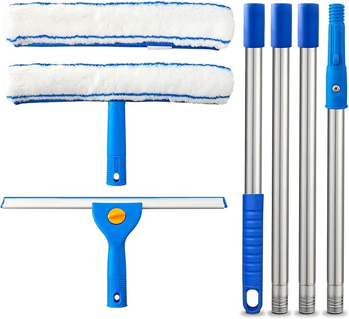 Squeegee for Window Cleaning, 14" Extra-Large Squeegee & Microfiber Scrubber Combi with 60" Stainless Steel Pole, Window Cleaning Kit for Shower Glass Mirror Door Car-2 Pads
