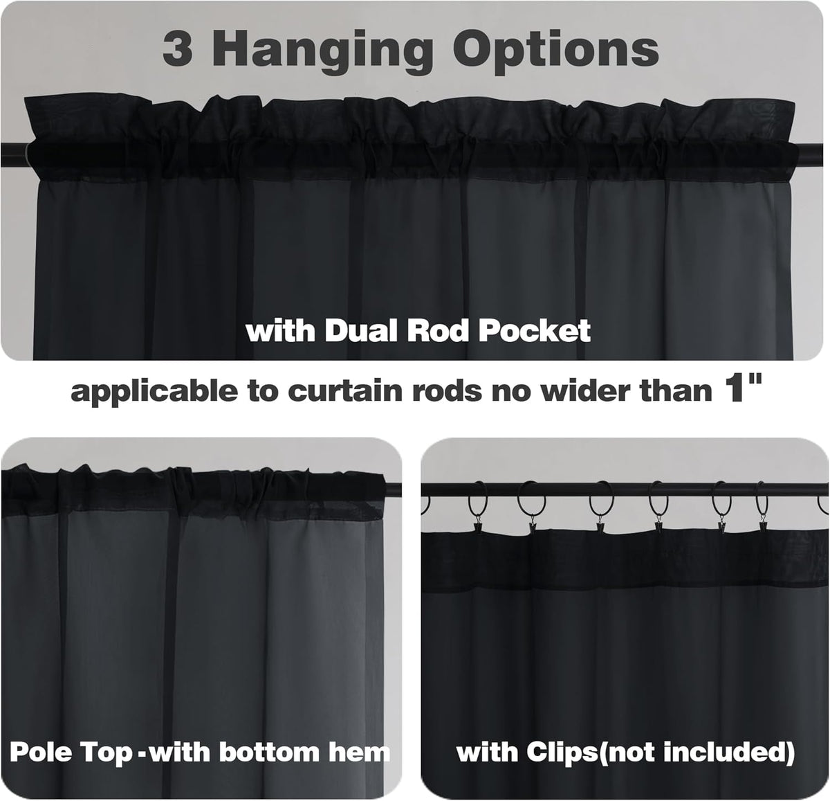 Chyhomenyc Black Sheer Window Curtain Panels 54 Inch 2 Panels, Light Filtering Solid Voile Curtains Drapes for Small Window/Bathroom/Living Room/Bedroom, Rod Pocket, Each 42Wx54L
