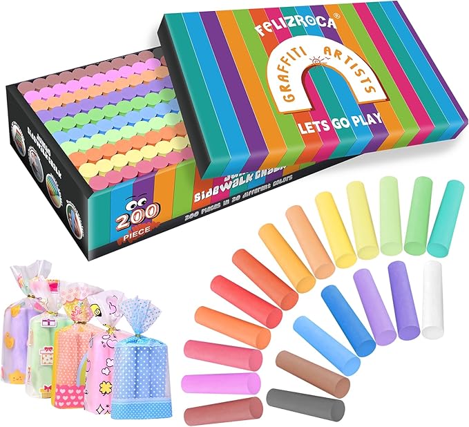200 Pcs Sidewalk Chalk Set in 20 Assorted Colors, Non-Toxic Washable Bulk Chalk for Outdoor Ativity, School Chalkboard and Playground