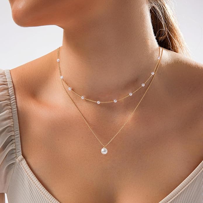 Zeffy Gold Pearl Necklace for Women, Dainty 14K Gold/Silve Plated Layered Pearl Choker Pearl Earrings Pearl Bracelets Wedding Trendy Gold Jewelry Set for Women Gifts