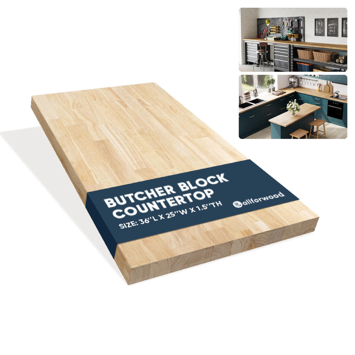 AllForWood 36''L x 25''W x 1.5''Th Hevea Solid Wood Butcher Block Countertop, Butcher Block Table Top for DIY Washer Dryer/Island/Kitchen Countertop (Unfinished)