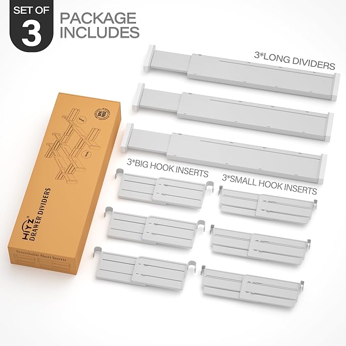 HiYZ Expandable Drawer Dividers with Inserts - Adjustable Drawer Organizers Separators for Kitchen, Bedroom, Dresser, Office, 3 Long Dividers(12.6-22.8 IN) with 6 Inserts(3.9-7.1 IN) - Gray