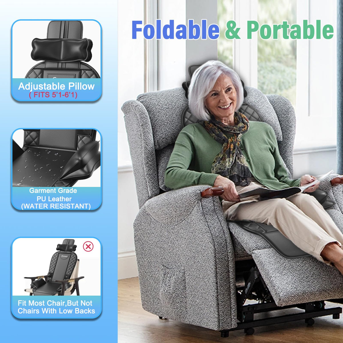 Back Massager with Heat & Traction & Vibration, Seat Massager Pad for Pain Relief Deep Tissue, Lumbar Traction, PU Leather, Foldable, for 5’ to 6’1”, Massage Chair Pad for Office Home