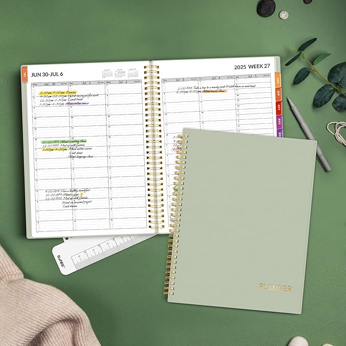 SUNEE 2025-2026 Appointment Book, Quarter-Hourly, Weekly & Monthly - from July 2025 to June 2026, 8.5"x11" Academic Planner, Flexible Cover, Note Pages, Pockets, Bookmark, Spiral Binding, Sage Green