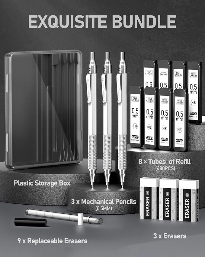 Four Candies 0.5mm Mechanical Pencil Set with Case, 3PCS Metal Artist Lead Pencil with 8 Tubes (480PCS) HB Lead Refills, 3 Erasers, 9 Eraser Refills For Engineer Art Writing Drawing Drafting, Silver