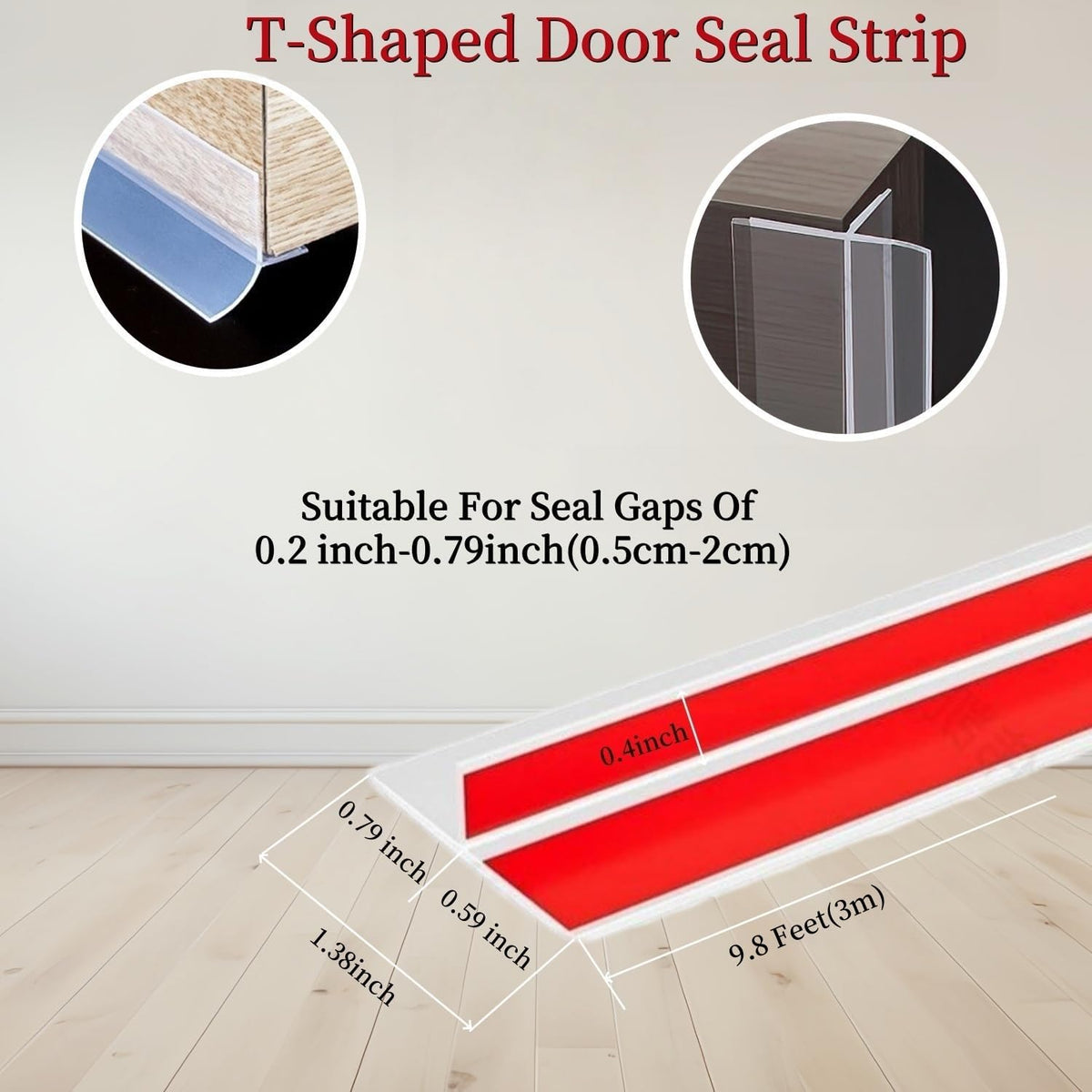 T Shape Door Seal Strip for Door & Windows Gaps，Draft Stopper Bottom Sweep Weather Stripping for Energy Saving, Noise Reduction,Easy Install (White, 1.38" W x 9.8Ft)