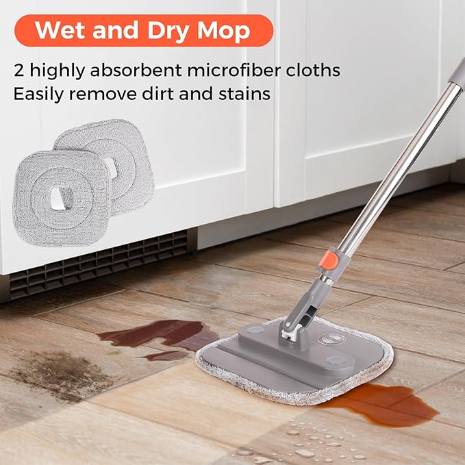Spin Mop and Bucket Set, 360 ° Rotating Floor Mop with Separation Dirty and Clean Water System, Square Floor Cleaner for Mopping with Handle, Cleaning Brush and 2 Washable Ultra-fine Fiber Pads