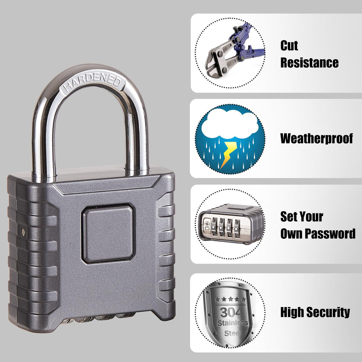 1 Pack disecu Heavy Duty 4 Digit Combination Lock, One Touch Unlocking, Anti-Error Feature, High Security Waterproof Large Outdoor Padlock for School Gym Locker, Fence, Gate, Storage Unit (Grey)