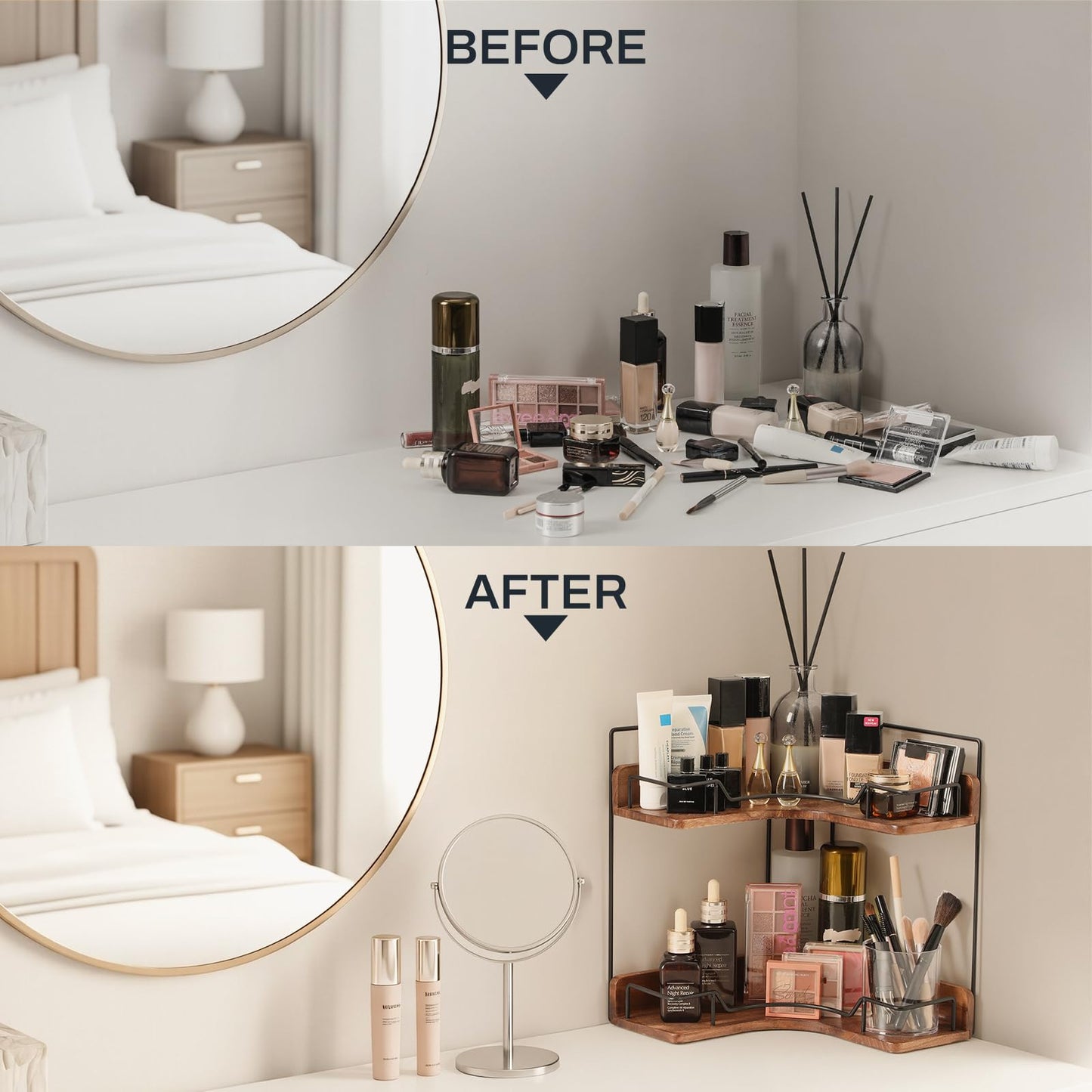 Snuvid 2-Tier Bathroom Counter Organizer, Wooden Corner Shelf for Vanity Countertop Skincare & Makeup, Storage and Organization for Kitchen