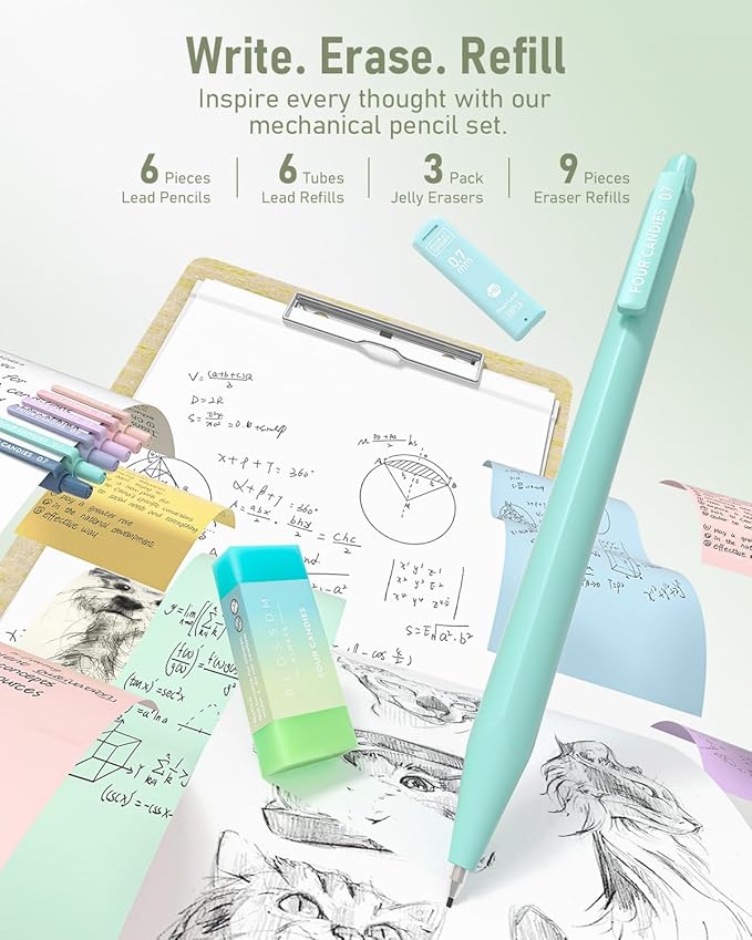 Four Candies 39 PCS Aesthetic School Supplies with Cute Pen Case, 12 Pastel Highlighters, 5 Black Ink Gel Pens, 6 Mechanical Pencils Set 0.5 & 0.7 mm for Students Stationary College Essentials (Green)