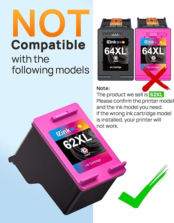 62XL Ink Remanufactured Ink Cartridges for HP 62 Ink 62XL Ink Cartridges Black and Color High Yield Use with HP Envy 5540 5640 5660 7644 OfficeJet 5740 5741 8040 200 250 Series Printer(2-Pack)