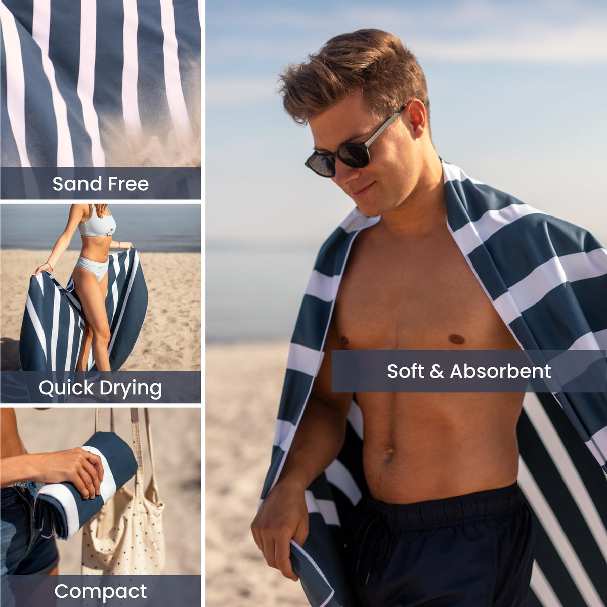SummerSand Microfiber Beach Towel XXL Oversized (71 x 63 in) - Quick Dry, Sand Free - Compact and Lightweight for Travel - Recycled Materials - Extra Large Beach Blanket – Deep Blue