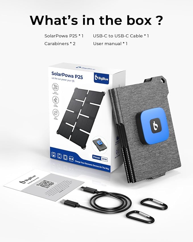 [Upgraded] BigBlue Ultra-Light Portable 25W Solar Panel Charger with USB-A and USB-C Ports, 0.84 lbs Pocket-Size IP68 Waterproof, Folded Solar Panel Compatible with Cellphone,Power Bank,Camping Light