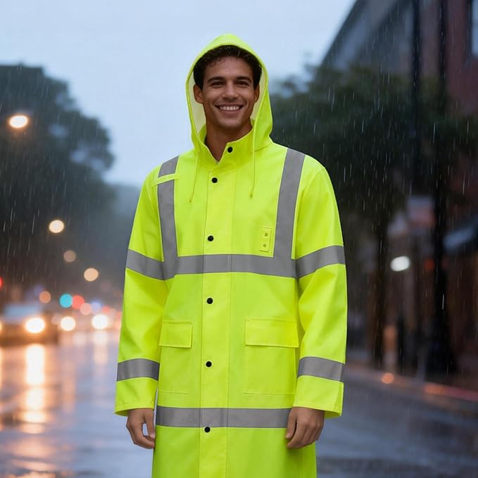 High Vis Rain Jacket, High Visibility Rain Suit for Men Women, Waterproof Rain Coat with Hood, Class 3 Lightweight Hi Vis Rain Gear for Outdoor Activities& Safety Work, Yellow Long, L