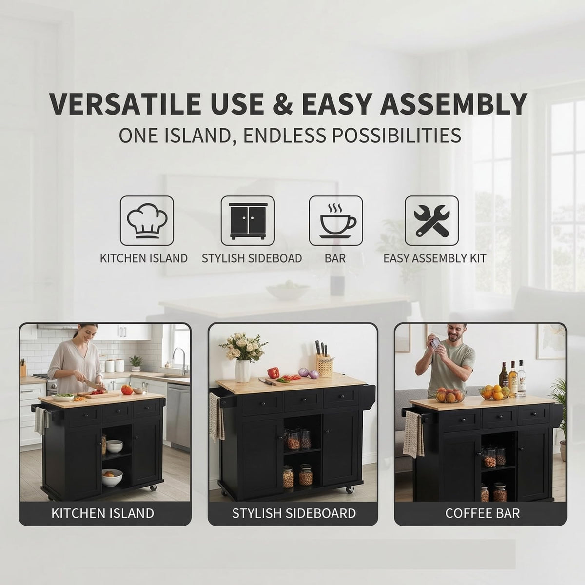 Waully 53'' Mobile Kitchen Island with Seating, Rolling Kitchen Island with Storage and Drop Leaf, 3 Drawers Islands Cart Rubberwood Top, 2 Open Shelves, Isla para Cocina, Black + 2 StooIs