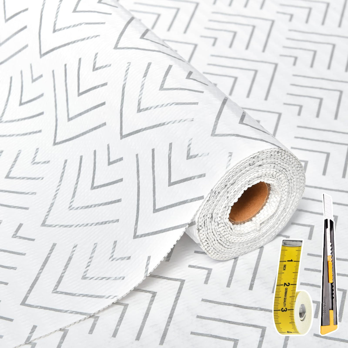 Shelf Liner for Kitchen Cabinets Non Adhesive Drawer Liner Non-Slip Thickened Shelf Liner Paper Strong Easy to Clean for Tool Box Refrigerator with Knife and Tape Measure,Silver Arrow,11.8 x 118 in