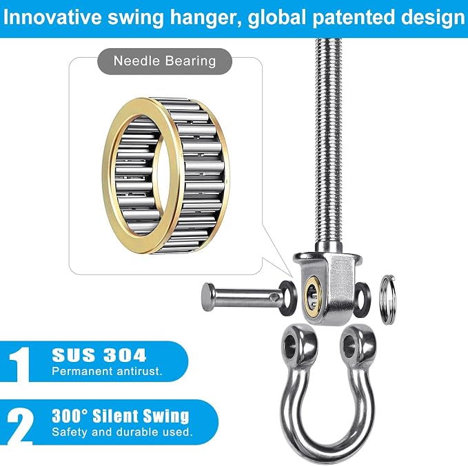 Dolibest Swing Hangers with Bearing - 2 Pack Stainless Steel 304 Swing Hooks for Wood & Metal Beams, Ideal for Hanging Hammocks, Yoga Swings, Porch Swing, Boxing Bag 1500 LB Capacity -7''x M2/5''