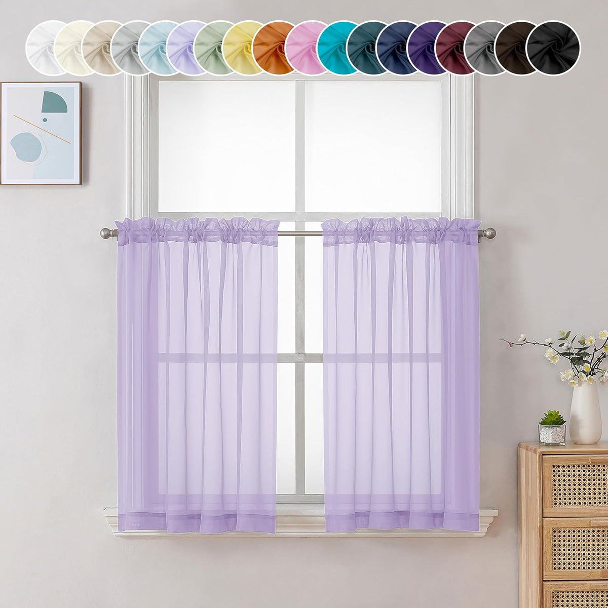 Chyhomenyc Sheer Lilac Tier Curtains 24 Inch Length, Small Window Curtains Treatment for Bathroom Living Room Basement, Short Rod Pocket Cafe Curtain, 42W x 24L Inches, 2 Panels