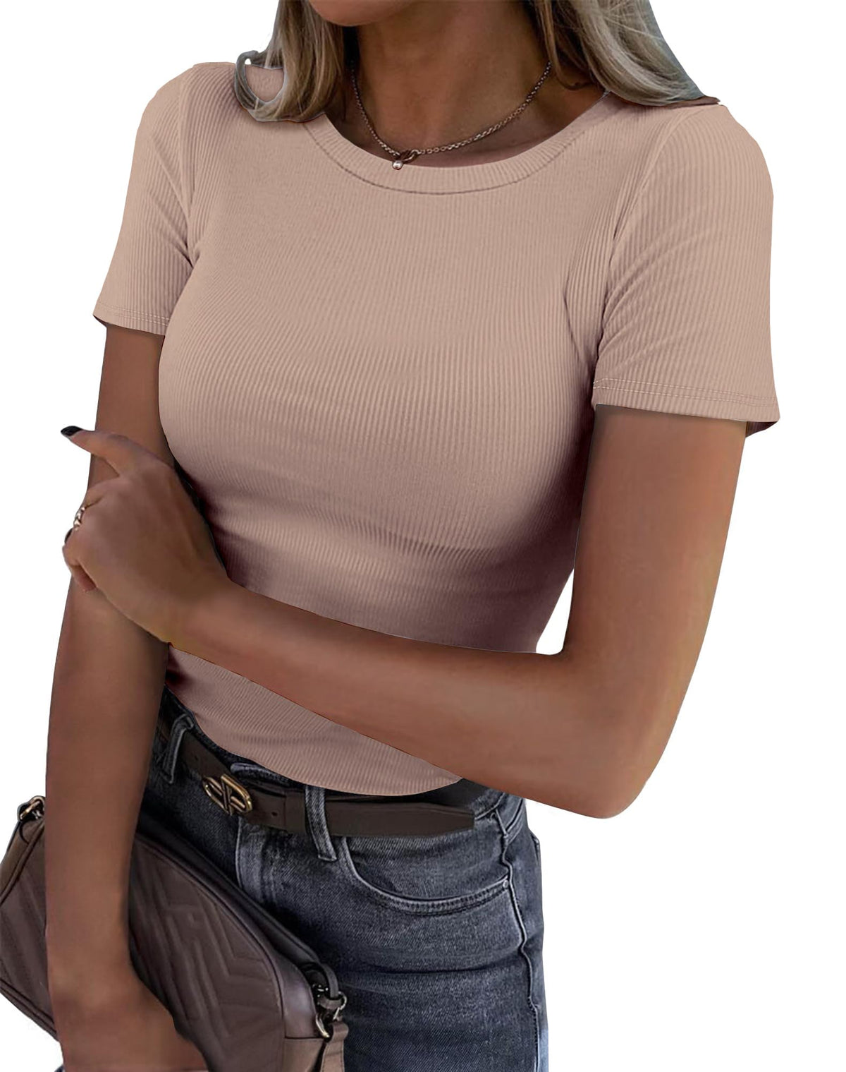 BIDITANLE Womens Summer Short Sleeve T-Shirt Ribbed Knit Crew Neck Slim Fitted Basic Casual Top