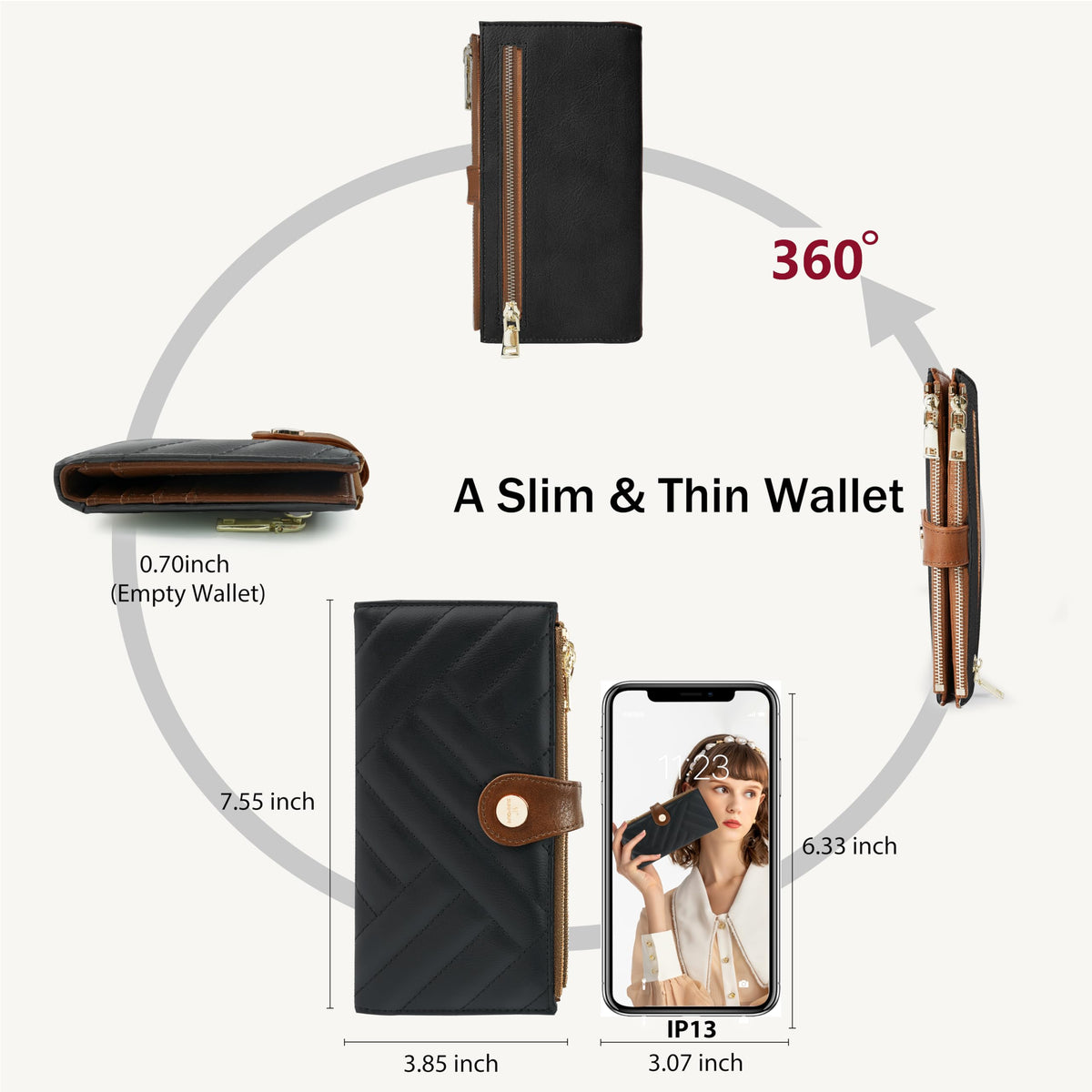 Sunpour Women’s Wallet,Thin RFID Blocking Leather Wallet for Women Credit Card Holder Travel Wallet with Zipper Pocket(Sleek Black & Brown)