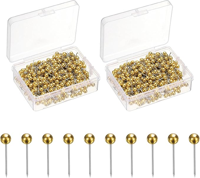 uxcell 800 Pcs Push Pins, Map Thumb Tacks 4mm Round Head Decorative Push Pins for Bulletin Board Home Office Travel Wall DIY Crafts Map Photo, Gold