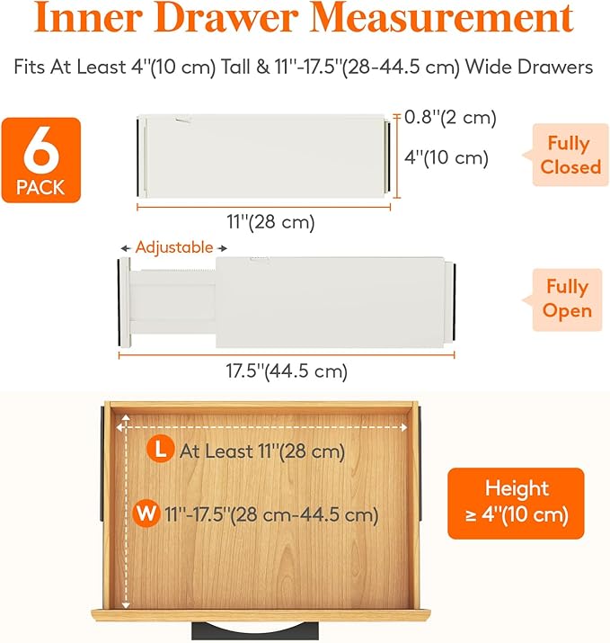 Lifewit 6 Pack Drawer Dividers 4" High, 11-17" Adjustable Drawer Organizers for Clothes, Expandable Dresser Separators in Bedroom/Bathroom/Kitchen/Fridge/Office Organization and Storage, Beige