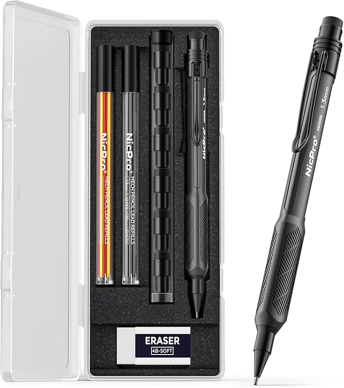 Nicpro 1.3mm Weatherproof Mechanical Pencil Set, HD1000 Metal Mechanical Pencils Heavy Duty Pencil for Outdoor All Weather Marking Drafting Drawing with 25 Lead Refills, Erasers, Case (Black)