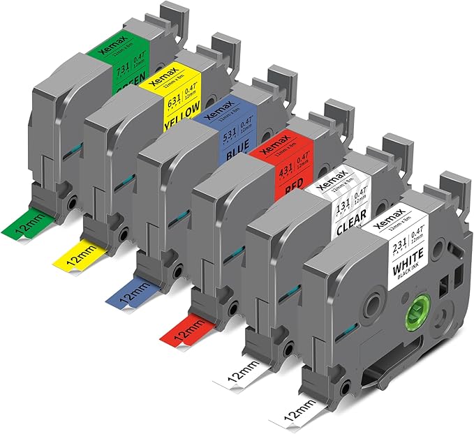 6-Pack Tze 12mm 0.47" Laminated Multi-Color Tz Tape Compatible with Brother P Touch Colored Label Tape Tze 131 231 431 531 631 731 Work for PTouch PT-H110 PT-D210 D220 D400 1290 Label Makers