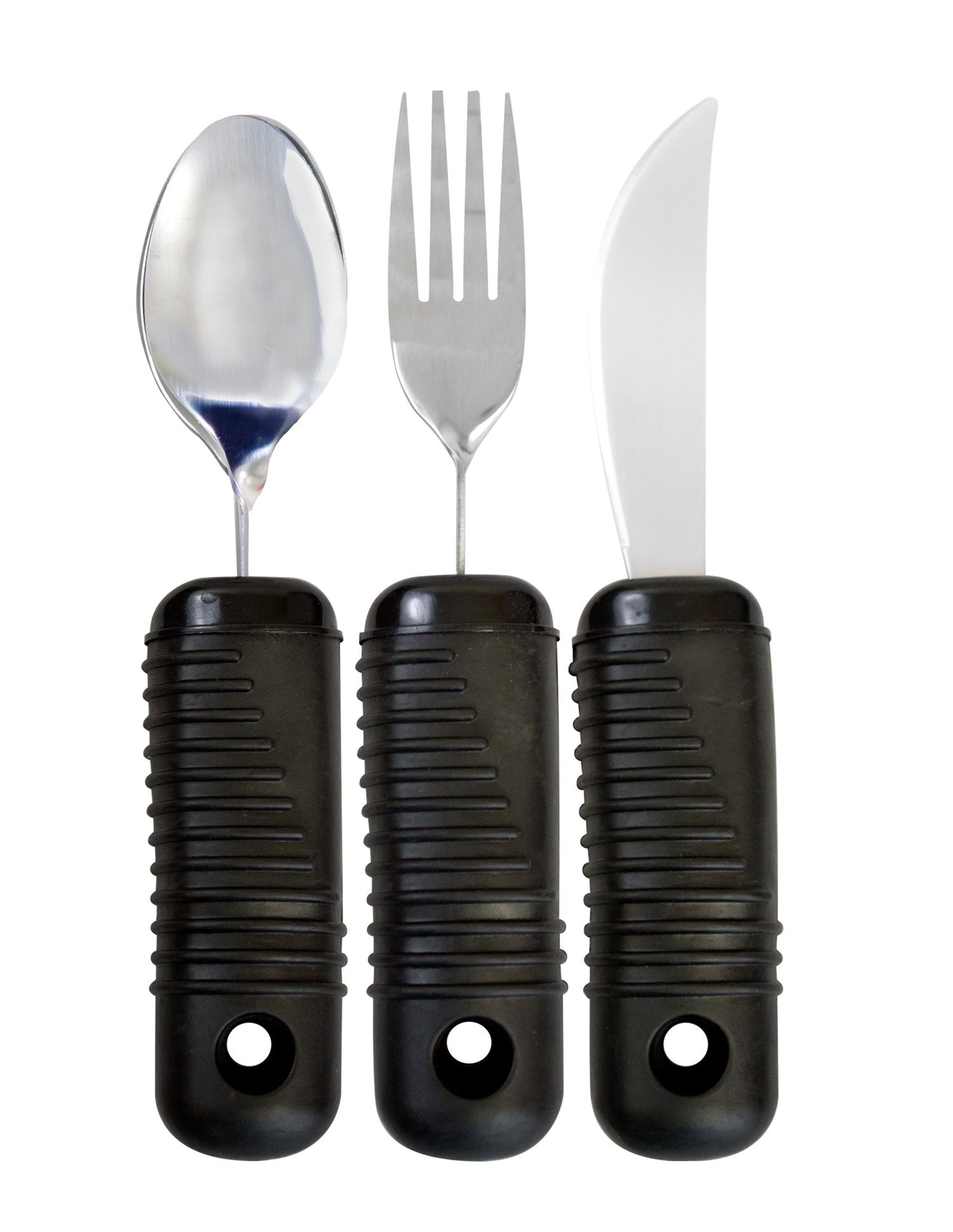 3 Piece Super Easy Grip Flatware Set - Bendable Built Up Utensils - Fork, Knife, and Spoon (Standard) - Black