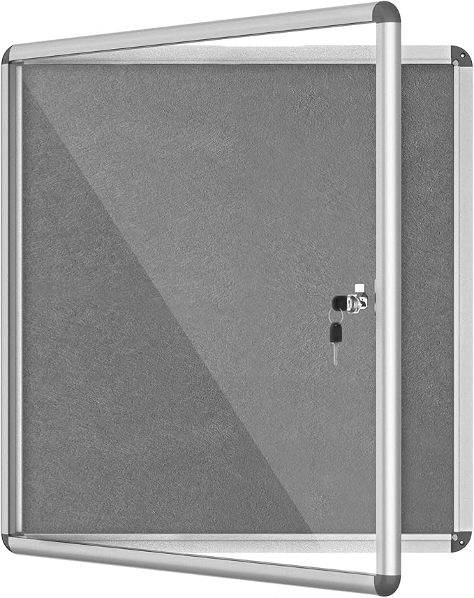 28"x26" Enclosed Bulletin Board, Lockable Weather-Resistant Aluminum Cork Noticeboard for School & Office, Silver Frame w/Grey Flet